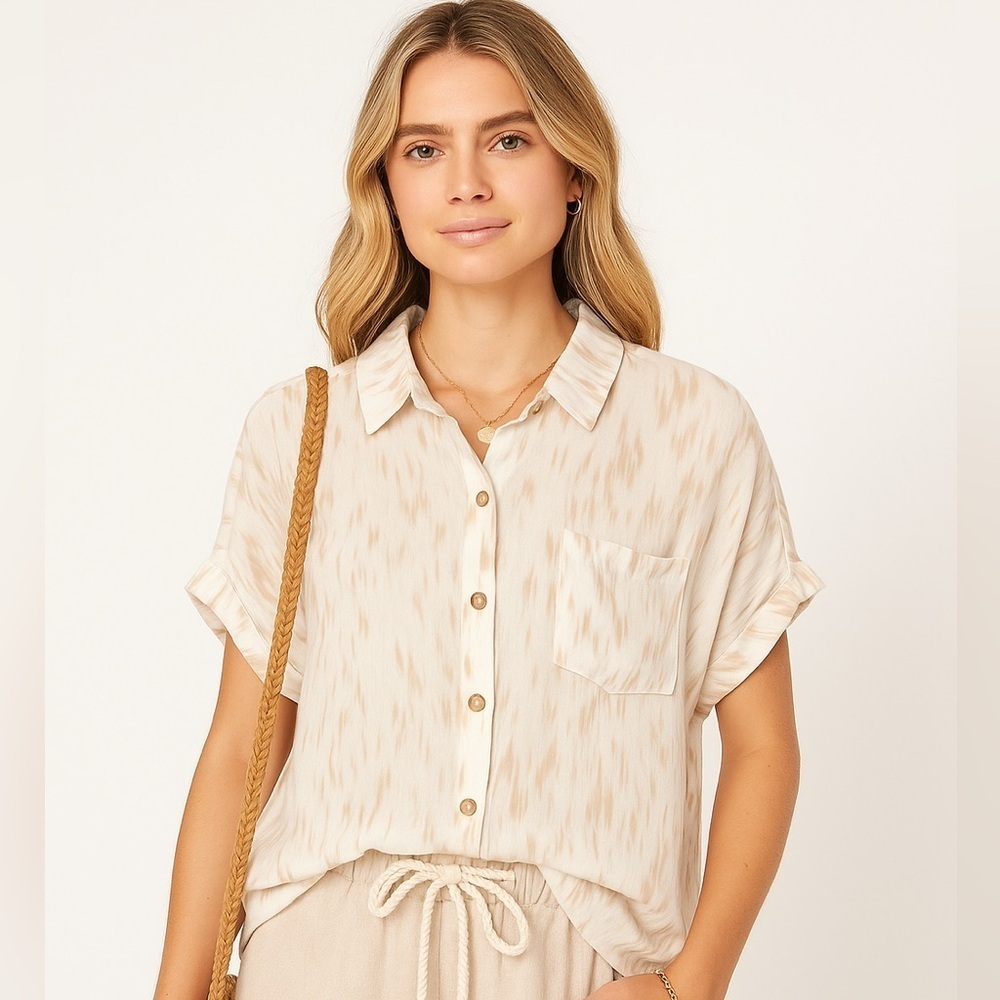 Mittoshop Neutral Ikat Print  Button Front Dolman Sleeve Blouse Top Size M